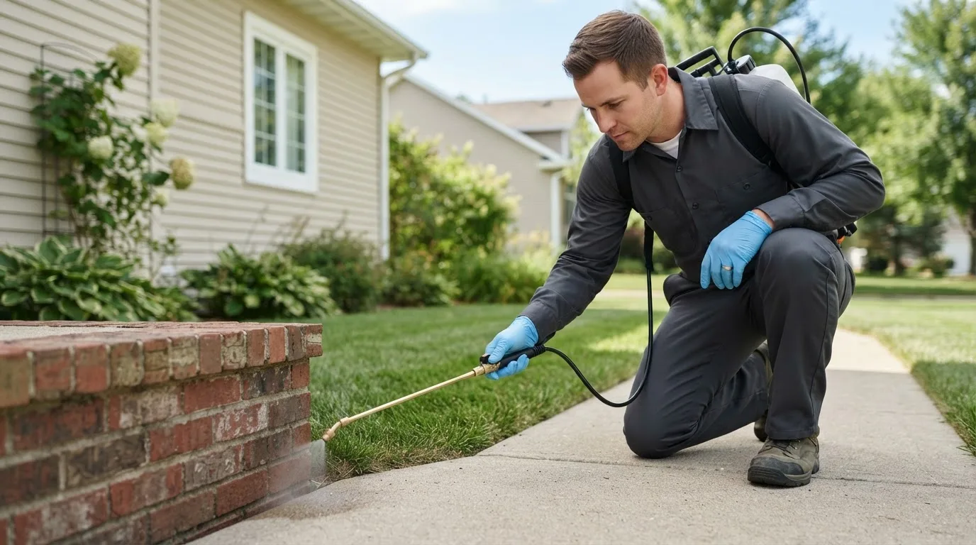 Pest control technician treating a home near Harwick, PA